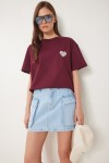 Şık Taşlı Kalp Detaylı Örme T-shirt BORDO LCR0066