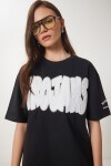 Sloganlı Boncuk İşlemeli Pamuklu T-shirt SİYAH LCR0037
