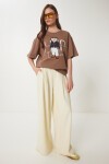 Ayıcık Armalı Pamuklu Oversize Örme T-shirt KAHVERENGİ LCR0027