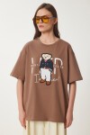 Ayıcık Armalı Pamuklu Oversize Örme T-shirt KAHVERENGİ LCR0027