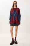 Baklava Desenli Oversize Triko Kazak BORDO LACİVERT LFN0124