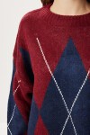 Baklava Desenli Oversize Triko Kazak BORDO LACİVERT LFN0124
