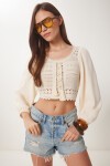 Çapraz İpli Ajurlu Crop Triko Bluz KREM LES0021