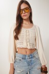Çapraz İpli Ajurlu Crop Triko Bluz KREM LES0021