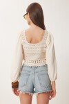 Çapraz İpli Ajurlu Crop Triko Bluz KREM LES0021