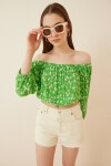 Çiçekli Carmen Yaka Crop Bluz YEŞİL LBZ0001