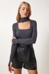 Cut Out Detaylı Dik Yaka Fitilli Triko Kazak ANTRASİT LFN0009