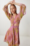 Desenli Cut Out Detaylı Şifon Elbise PEMBE SARI LFG0092