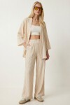 Dokulu Oversize Örme Kimono Takım KREM LBY0041