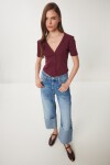 Düğmeli Basic Örme Bluz BORDO LCR0052