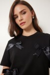 Fiyonklu Pamuklu Örme T-shirt SİYAH LCR0028