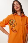 Nakış Detaylı Oversize Keten Gömlek ORANJ LDE0007