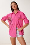Nakış Detaylı Oversize Keten Gömlek PEMBE LDE0007
