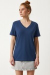 V Yaka Basic Viskon T-shirt KOBALT MAVİ LEN0001