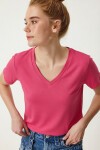 V Yaka Basic Viskon T-shirt KOYU PEMBE LEN0001