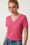 V Yaka Basic Viskon T-shirt KOYU PEMBE LEN0001