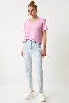 V Yaka Basic Viskon T-shirt PEMBE LEN0001