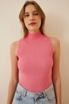 2li Balıkçı Yaka Kolsuz Örme Bluz YEŞİL PEMBE LGT0001
