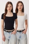 2li Paket Kare Yaka Basic Örme T-shirt SİYAH KEMİK LDZ0059
