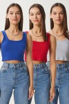 Askılı Crop 3lü Paket Örme Bluz KIRMIZI GRİ MELANJ KOYU MAVİ LGT0005