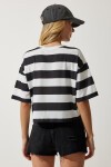 Bisiklet Yaka Çizgili Crop Örme T-shirt BEYAZ SİYAH LHF0007