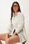 Çizgili Oversize Müslin Gömlek KREM HAKİ LGP0014