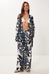 Desenli Yazlık Viskon Kimono Pantolon Takım FÜME KEMİK LJE0003