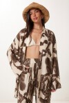 Desenli Yazlık Viskon Kimono Pantolon Takım KAHVERENGİ KREM LJE0003