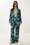 Desenli Yazlık Viskon Kimono Pantolon Takım LACİVERT YEŞİL LJE0003