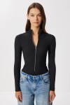 Fermuarlı Dik Yaka Fitilli Örme Bodysuit SİYAH LJF0003