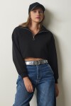Fermuarlı Şardonlu Crop Örme Sweatshirt SİYAH LHF0011
