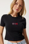 Kalp Nakışlı Crop Örme T-shirt SİYAH LMX0064