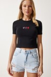 Kalp Nakışlı Crop Örme T-shirt SİYAH LMX0064