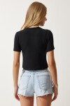 Kalp Nakışlı Crop Örme T-shirt SİYAH LMX0064