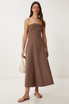 Straplez Midi Popin Elbise KAHVERENGİ LFK0009