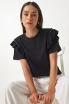Volanlı Boncuk Detaylı Örme T-shirt SİYAH LEX0009