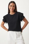 Volanlı Boncuk Detaylı Örme T-shirt SİYAH LEX0009