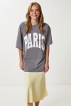 Baskılı Nakış İşlemeli Oversize Örme T-shirt FÜME LKT0015
