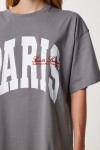 Baskılı Nakış İşlemeli Oversize Örme T-shirt FÜME LKT0015