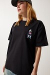 Bisiklet Yaka Nakışlı Oversize Örme T-shirt SİYAH LNJ0003
