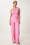 Boyundan Geçmeli Bluz Pantolon Esnek Örme Takım PEMBE LDP0048