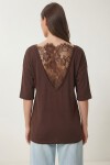 Dantel Detaylı Oversize Modal T-shirt KAHVERENGİ LNT0030