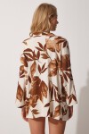 Desenli Krinkıl Viskon Yazlık Kimono KAHVERENGİ KREM LDD0025