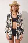 Desenli Krinkıl Viskon Yazlık Kimono SİYAH KREM LDD0025