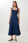 Kalın Askılı Midi Denim Elbise KOYU MAVİ LFG0037