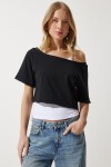Kayık Yaka Basic Crop 2li Paket Örme T-shirt BEYAZ SİYAH LOW0016