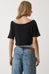 Kayık Yaka Basic Crop 2li Paket Örme T-shirt BEYAZ SİYAH LOW0016