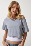Kayık Yaka Basic Crop 2li Paket Örme T-shirt SİYAH GRİ MELANJ LOW0016