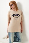 Nakış İşlemeli Kabartmalı Örme T-shirt BEJ LKT0009