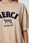 Nakış İşlemeli Kabartmalı Örme T-shirt BEJ LKT0009
